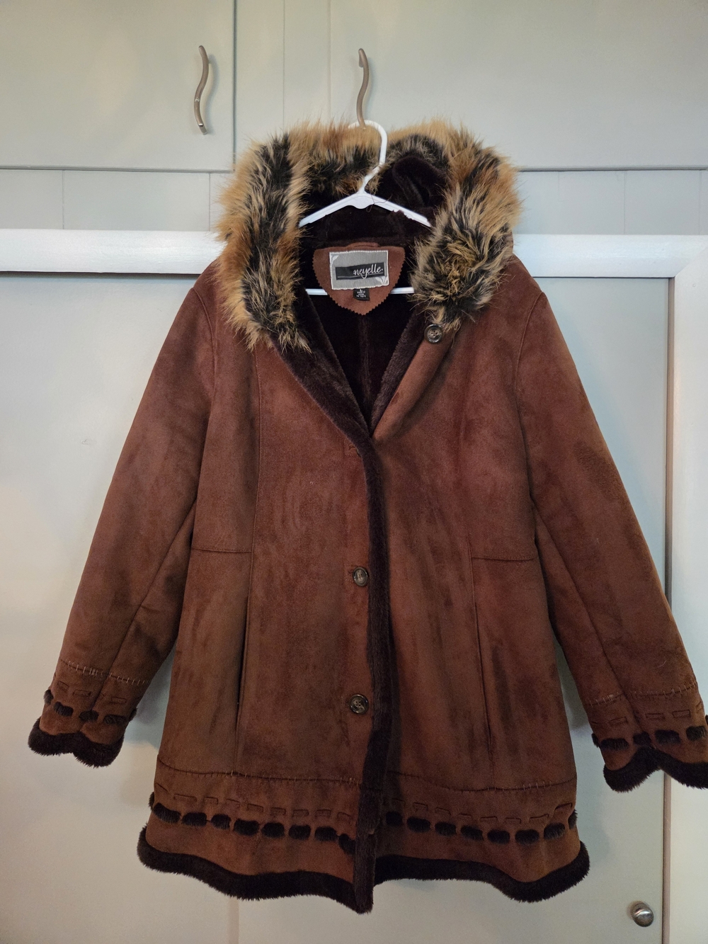 Neyelle Brown Faux-Suede Trench Coat with Fur-Trim Hood